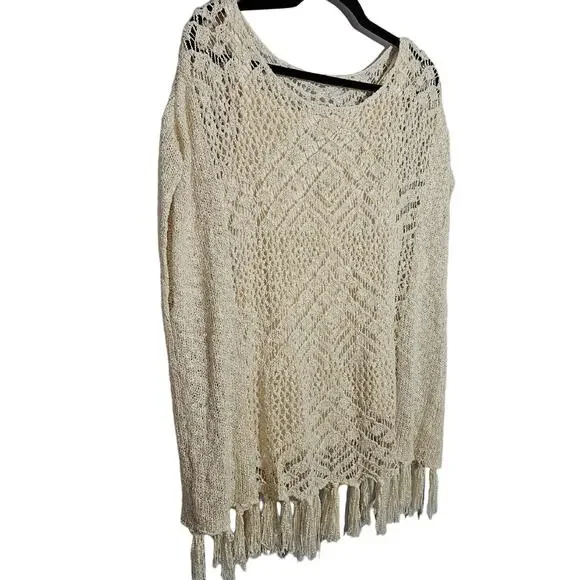 One World Womens Size M Cream Bohemian Crochet Fringe Layered Sweater Beach BOHO - Picture 3 of 11